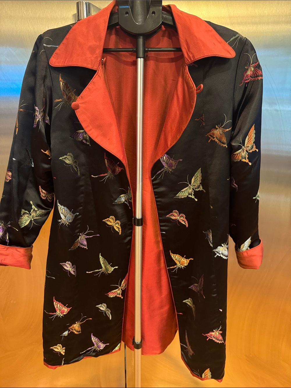 Kai Mira Rare Women's Silk Opera Coat with Butterflies Red-Orange (Reversible)